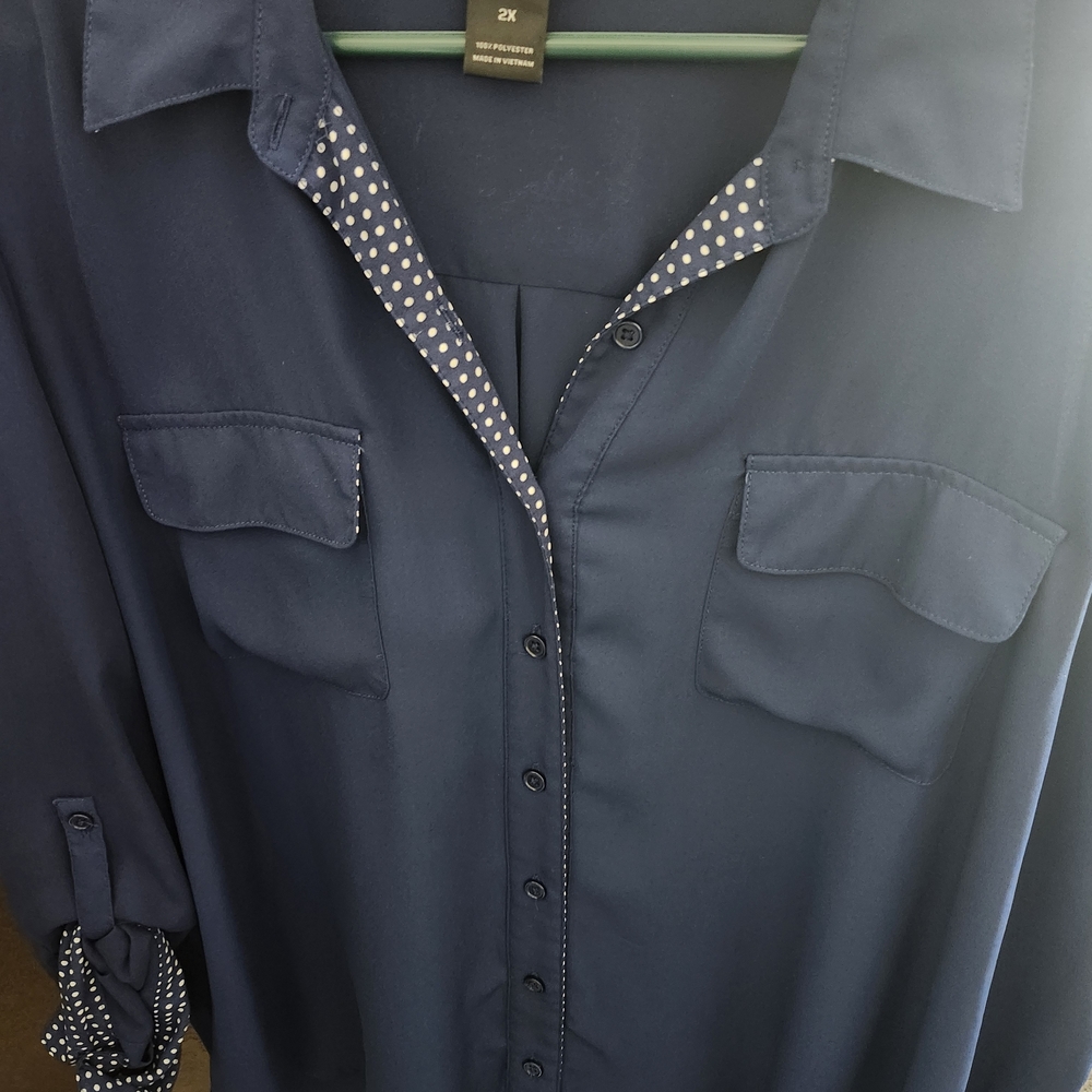 Investments Navy Blouse with White Polka Dots